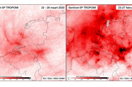 De afname van de luchtvervuiling tijdens de coronacrisis kon worden waargenomen met het Nederlandse satellietinstrument Tropomi. | Bron: EU/ESA/KNMI/NSO