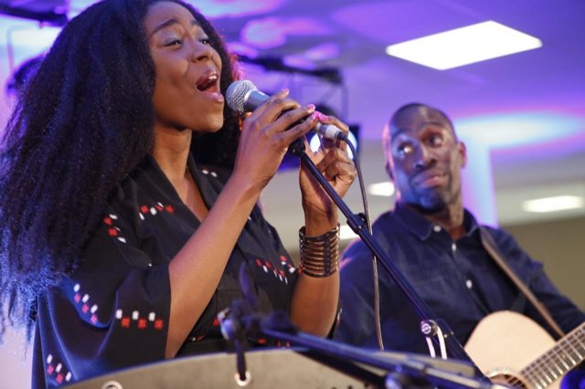 Dutch singer Giovanca sings 'Satellite love' at the NL Space welcome reception at the European Space Solutions Conference