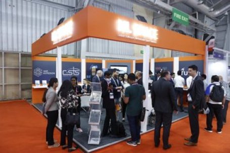 A crowded NL Space Pavilion at the Bangalore Space Expo.