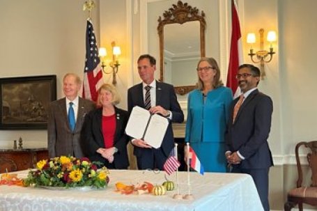 NASA Administrator Bill Nelson, left, NASA Deputy Administrator Pam Melroy, Harm van de Wetering, director of the Netherlands Space Office, Ambassador of the Netherlands to the United States Birgitta Tazelaar, and Chiragh Parikh, executive secretary of th